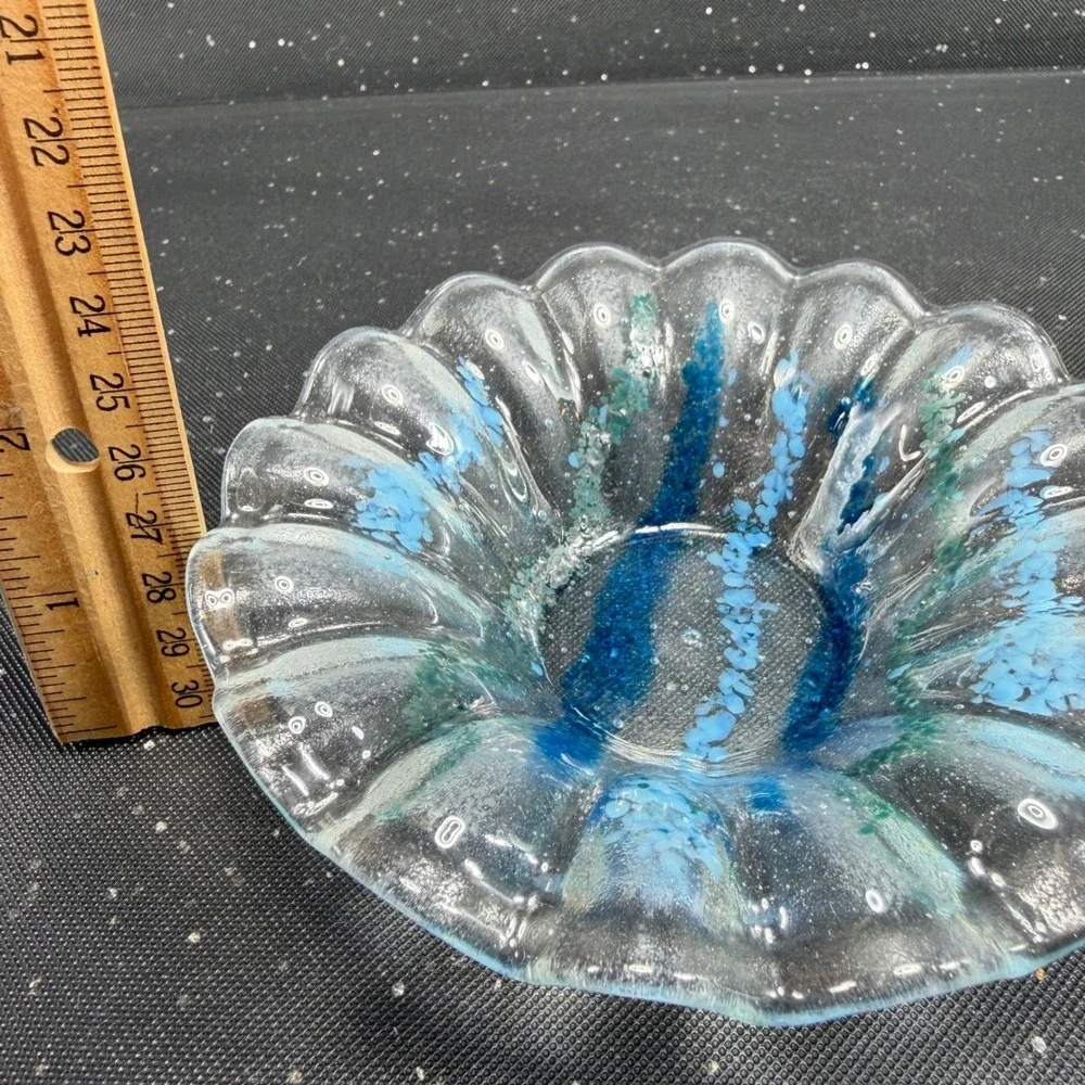 Artisan Fused Glass Scalloped Bowl Blue Teal Striped Coastal Decor Hand Made 5in